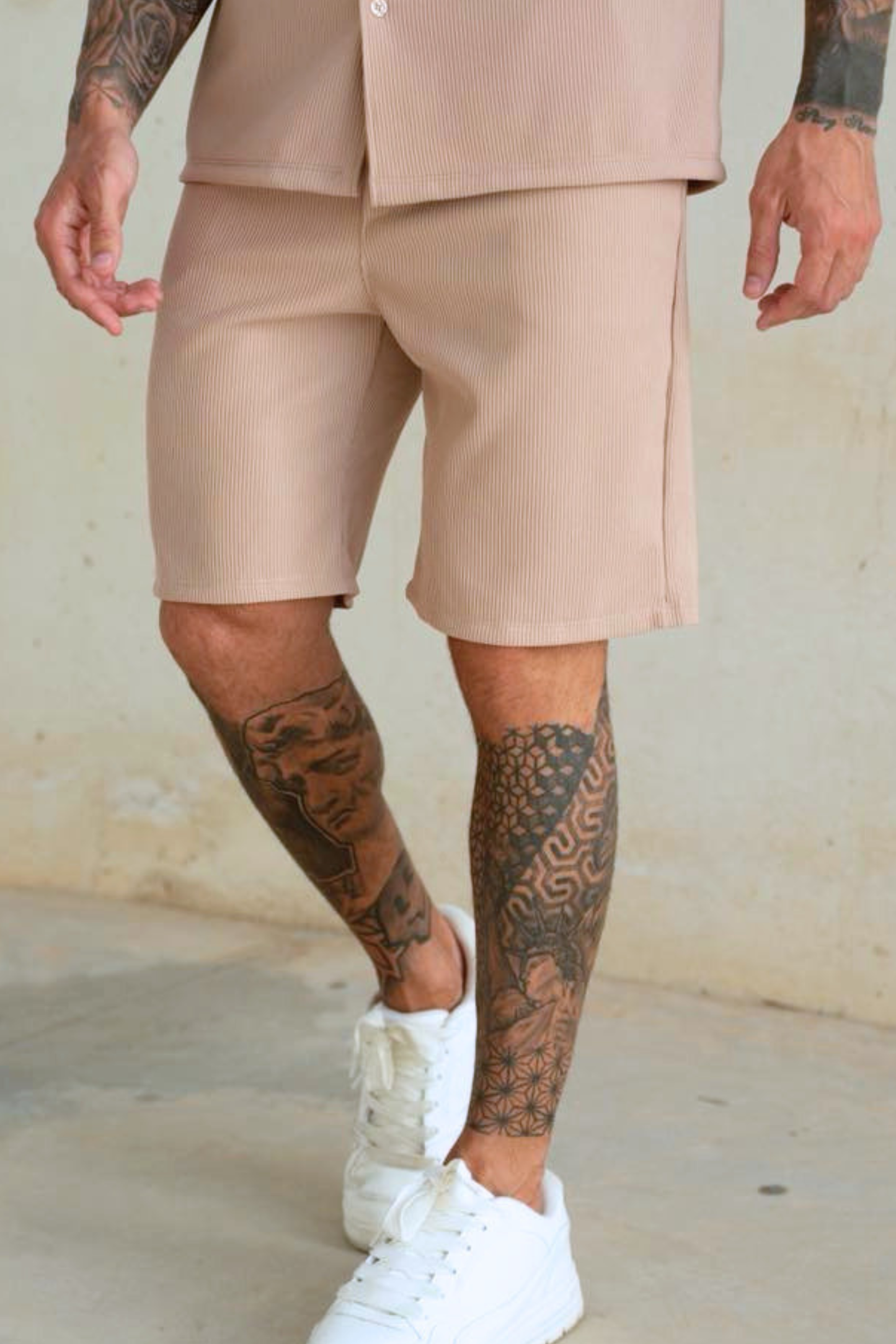 Beige Shorts Button Up Set