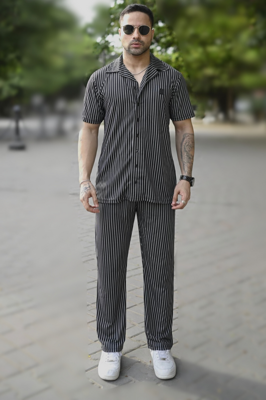 Spd Black Stripe Button Up Set