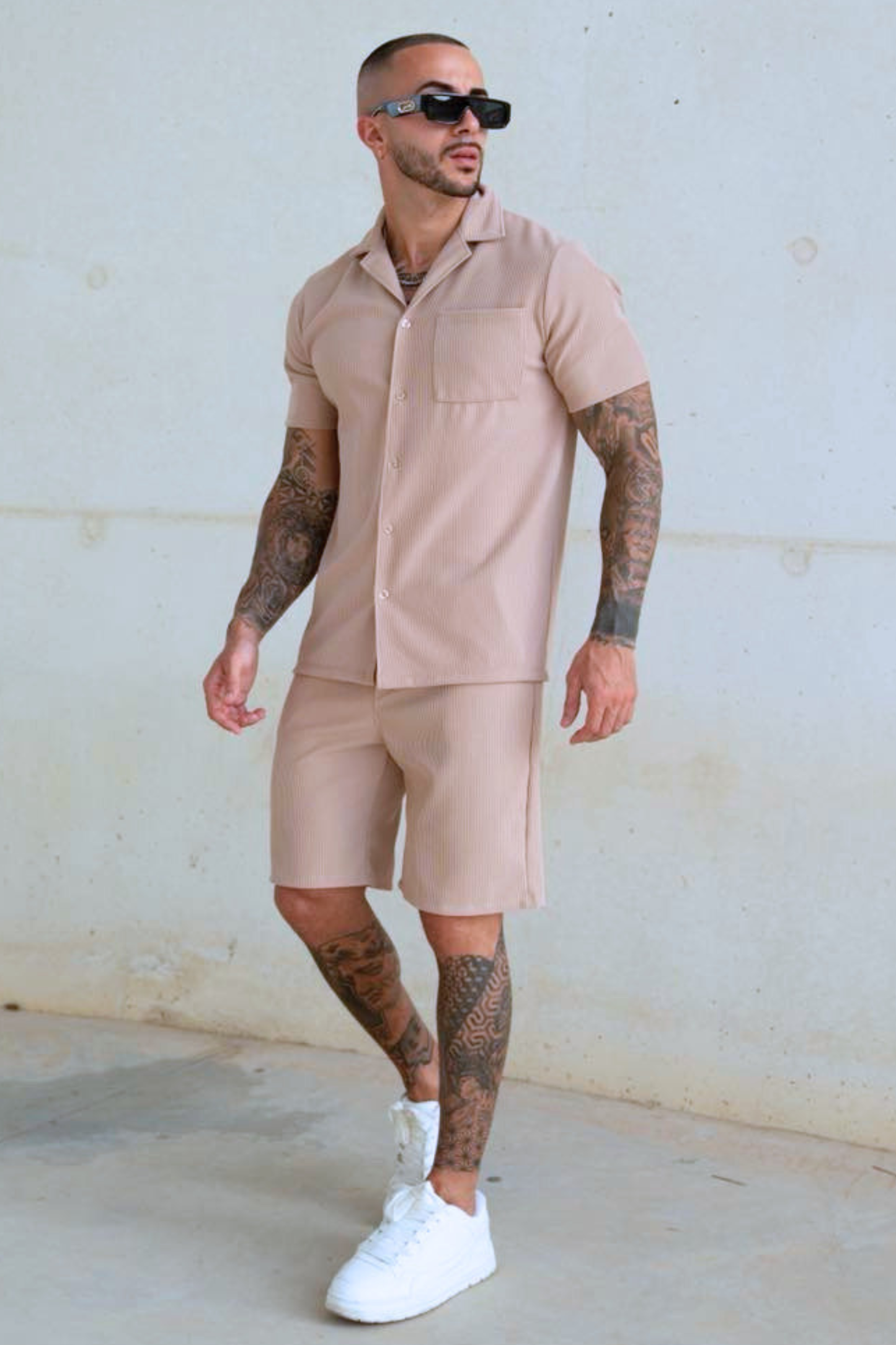Beige Shorts Button Up Set