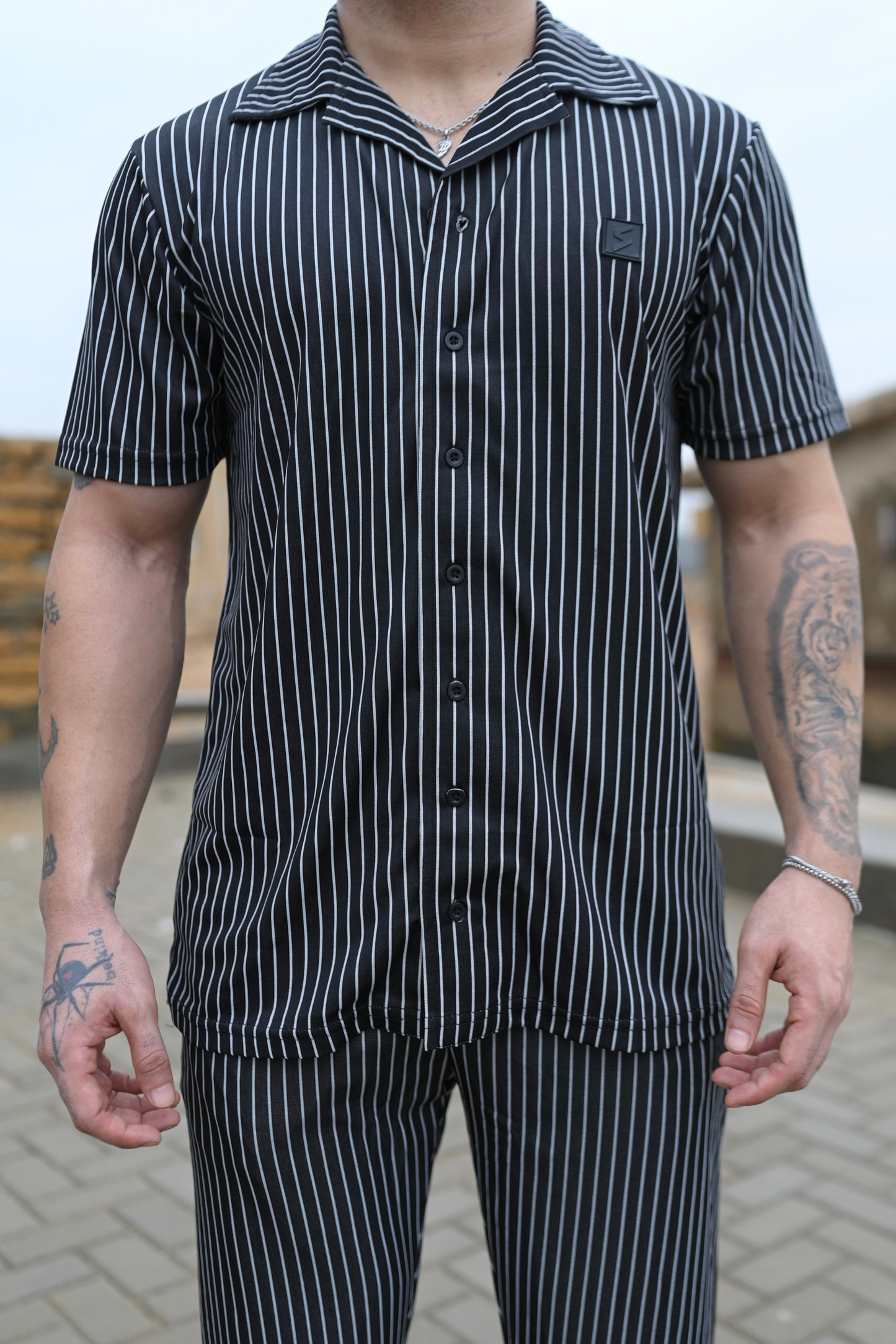 Spd Black Stripe Button Up Set