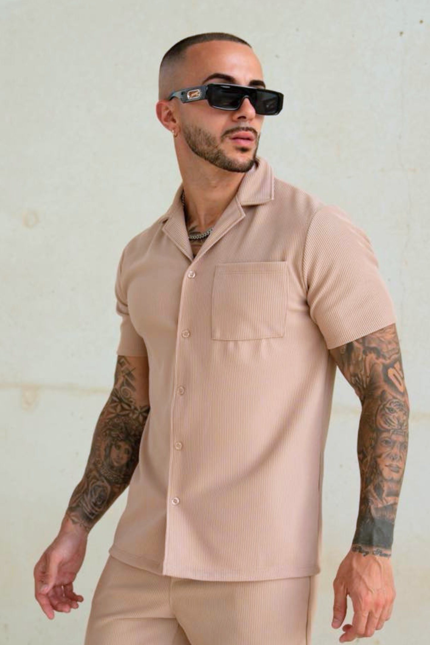 Beige Shorts Button Up Set