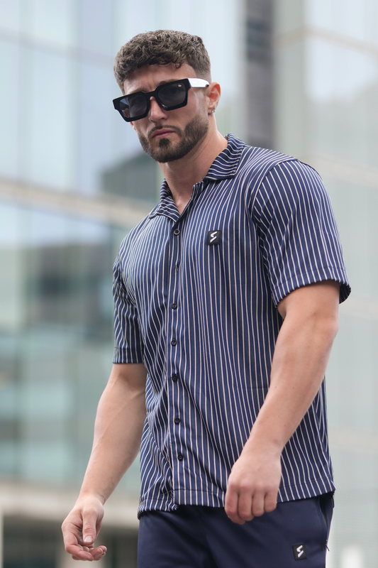 Spd Navy Stripe Button Up Polo