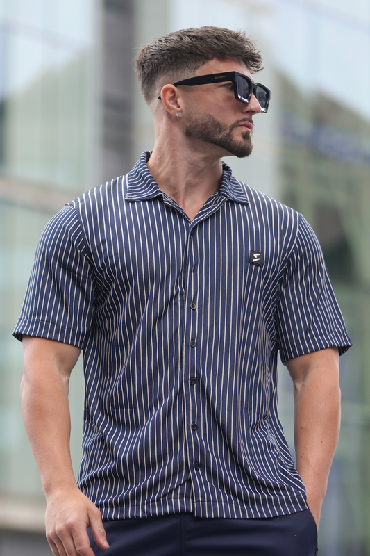Spd Navy Stripe Button Up Polo