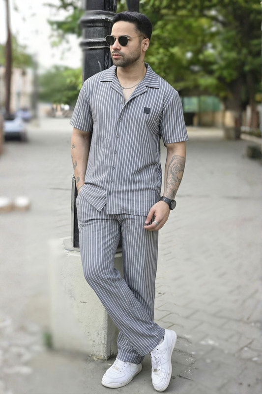 Spd Grey Stripe Button Up Set