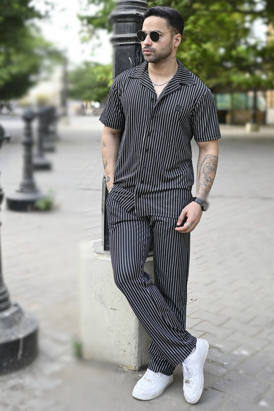 Spd Black Stripe Button Up Set
